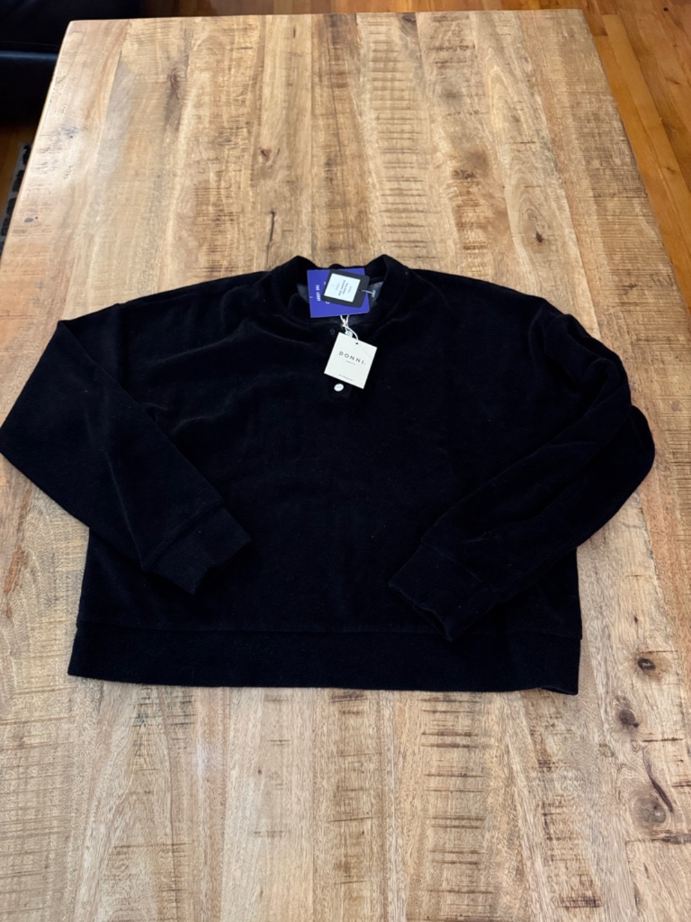 DONNI. Terry Henley Sweatshirt Black Crewneck Henley Sweater women’s small NEW